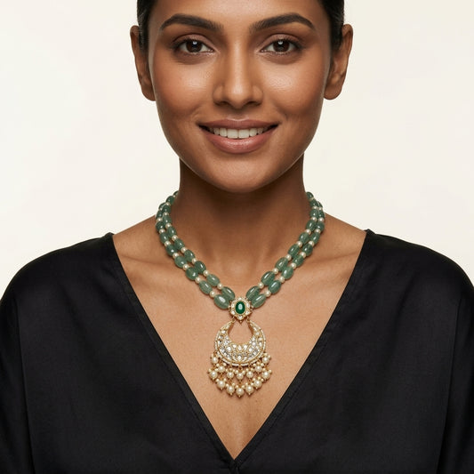 22kt 916K hallmarked gold handcrafted Lush Green Pendant | emerald beaded necklace with kundan setting and pearl drops | bridal Indian jewellery

