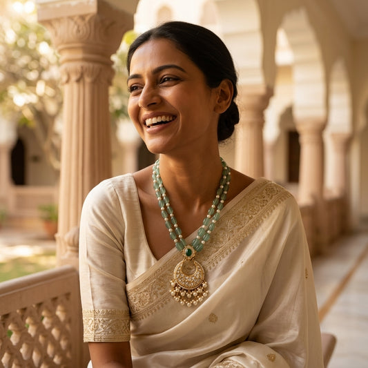 22kt 916 hallmarked gold Lush Green Pendant with emerald beaded chain and pearl drops — handcrafted traditional Indian necklace for weddings and festive occasions