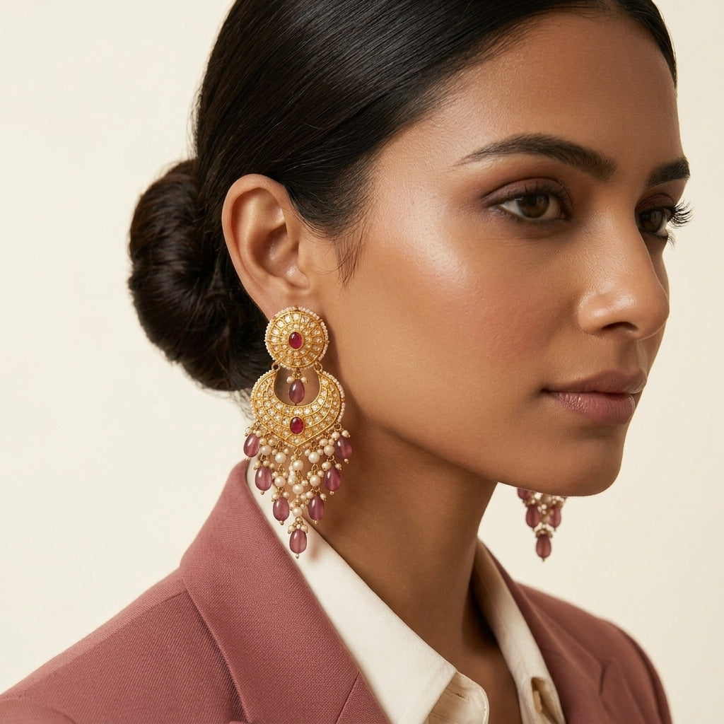 22kt 916K hallmarked gold Round Ruby Pearl Chaandbalis — handcrafted Thapa crescent earrings with certified Polki, deep ruby stones and lustrous pearls, ideal for weddings, bridal lehengas and festive evenings