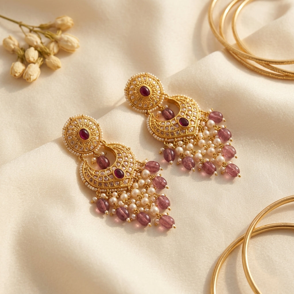 Looking for Chaandbali earrings? 22kt 916K hallmarked gold Round Ruby Pearl Chaandbalis with certified Polki, deep ruby stones and pearls in Thapa craftsmanship — perfect for brides and festive wear