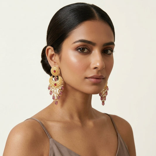22kt 916K hallmarked gold Round Ruby Pearl Chaandbalis | certified Polki crescent earrings with ruby semi-precious stones and lustrous pearls | Thapa craftsmanship bridal jewellery