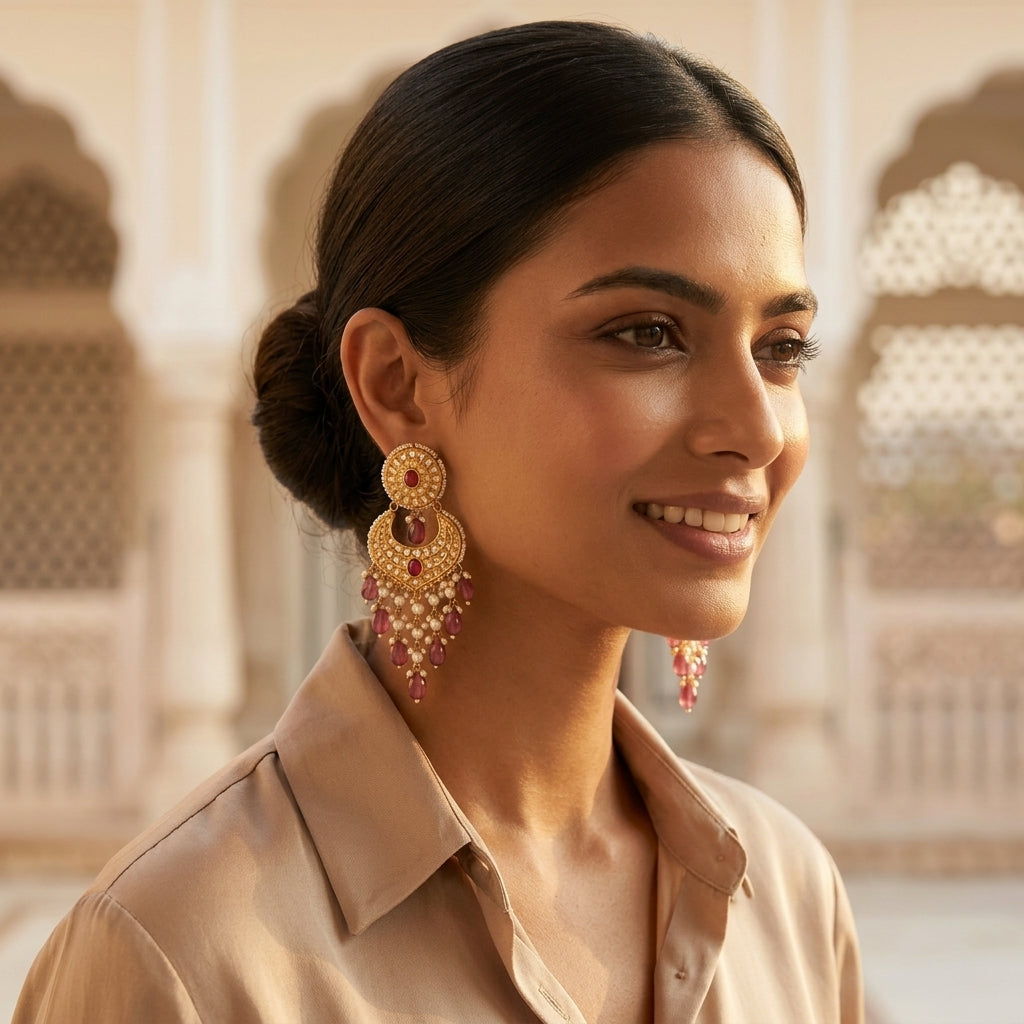 22kt 916K hallmarked gold Round Ruby Pearl Chaandbalis with certified Polki and deep ruby stones — handcrafted Thapa crescent earrings for weddings and festive occasions