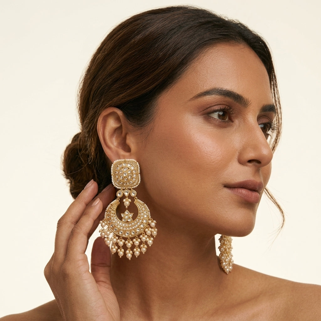 Looking for statement Chaandbali earrings? 22kt 916K hallmarked gold Square Star Pearl Chaandbalis with certified Polki, Rajasthani star motifs and lustrous pearls in Thapa craftsmanship — perfect for brides and heirloom gifting
