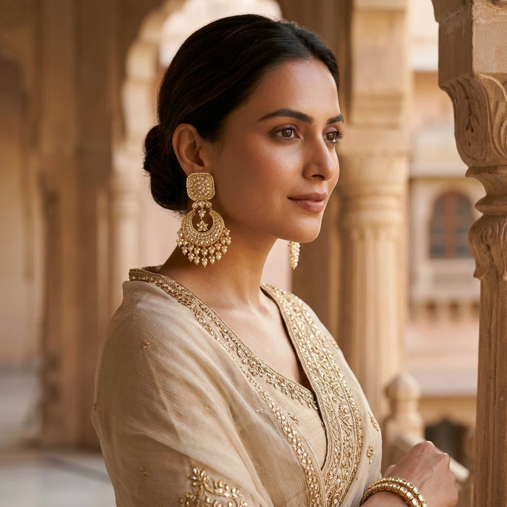 22kt hallmarked gold Square Star Pearl Chaandbalis — handcrafted Rajasthani Thapa earrings with certified Polki star motifs and lustrous pearls, ideal for bridal lehengas, silk sarees and heirloom gifting
