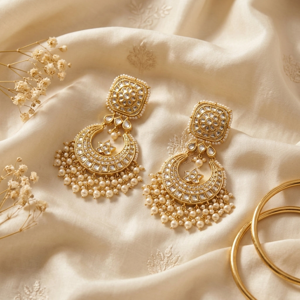Buy 22kt 916K hallmarked gold Square Star Pearl Statement Chaandbalis online — handcrafted Rajasthani Thapa earrings with certified Polki star motifs and lustrous pearls for Indian brides and grand receptions