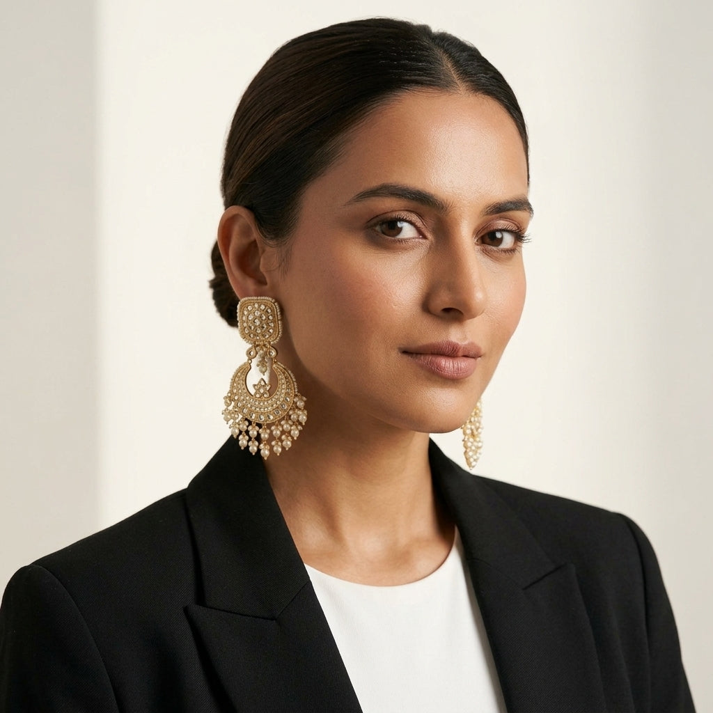 22kt 916K hallmarked gold Square Star Pearl Statement Chaandbalis | certified Polki star motif earrings with lustrous pearls | Rajasthani Thapa craftsmanship bridal jewellery