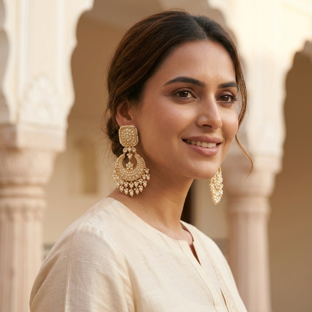 22kt 916K hallmarked gold Square Star Pearl Chaandbalis with certified Polki and lustrous pearls — handcrafted Rajasthani Thapa earrings for bridal wear and grand receptions