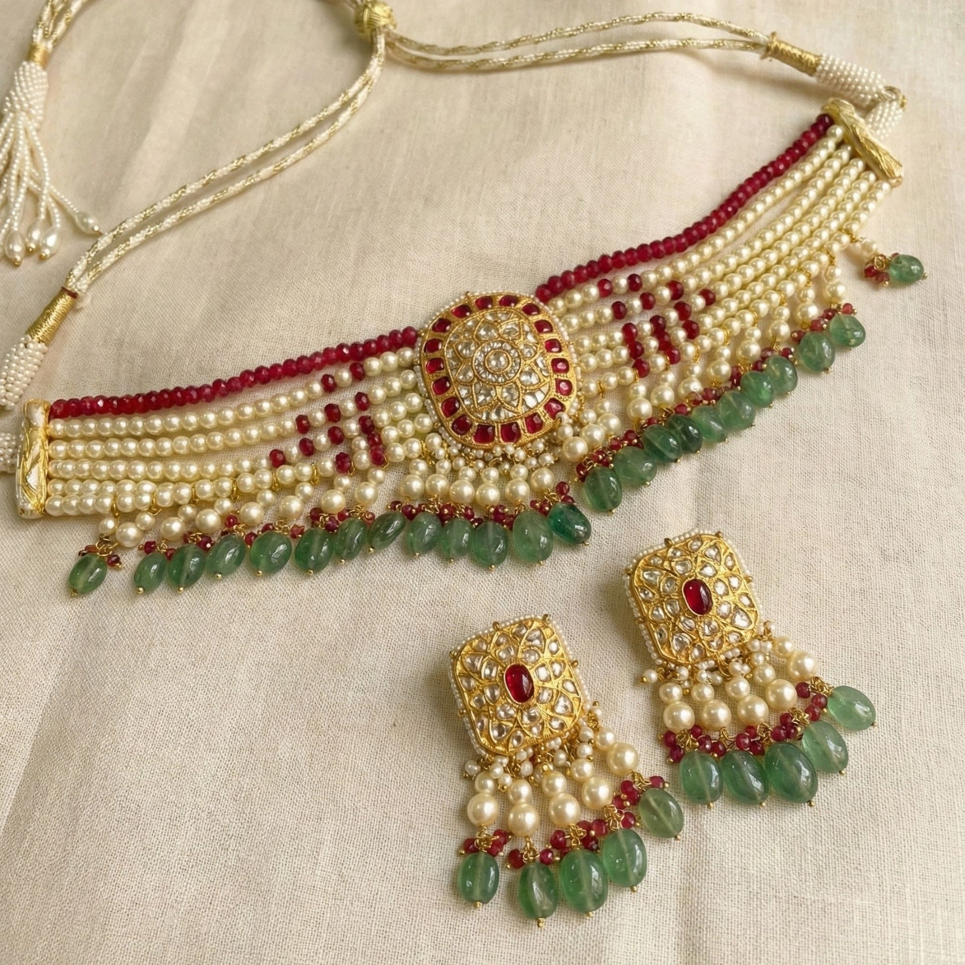 Handcrafted 22kt Gold Alternating Square Round Pearl Ruby Polki Choker Necklace Set with Green Jade Drops for Small Celebrations and Festive Wear