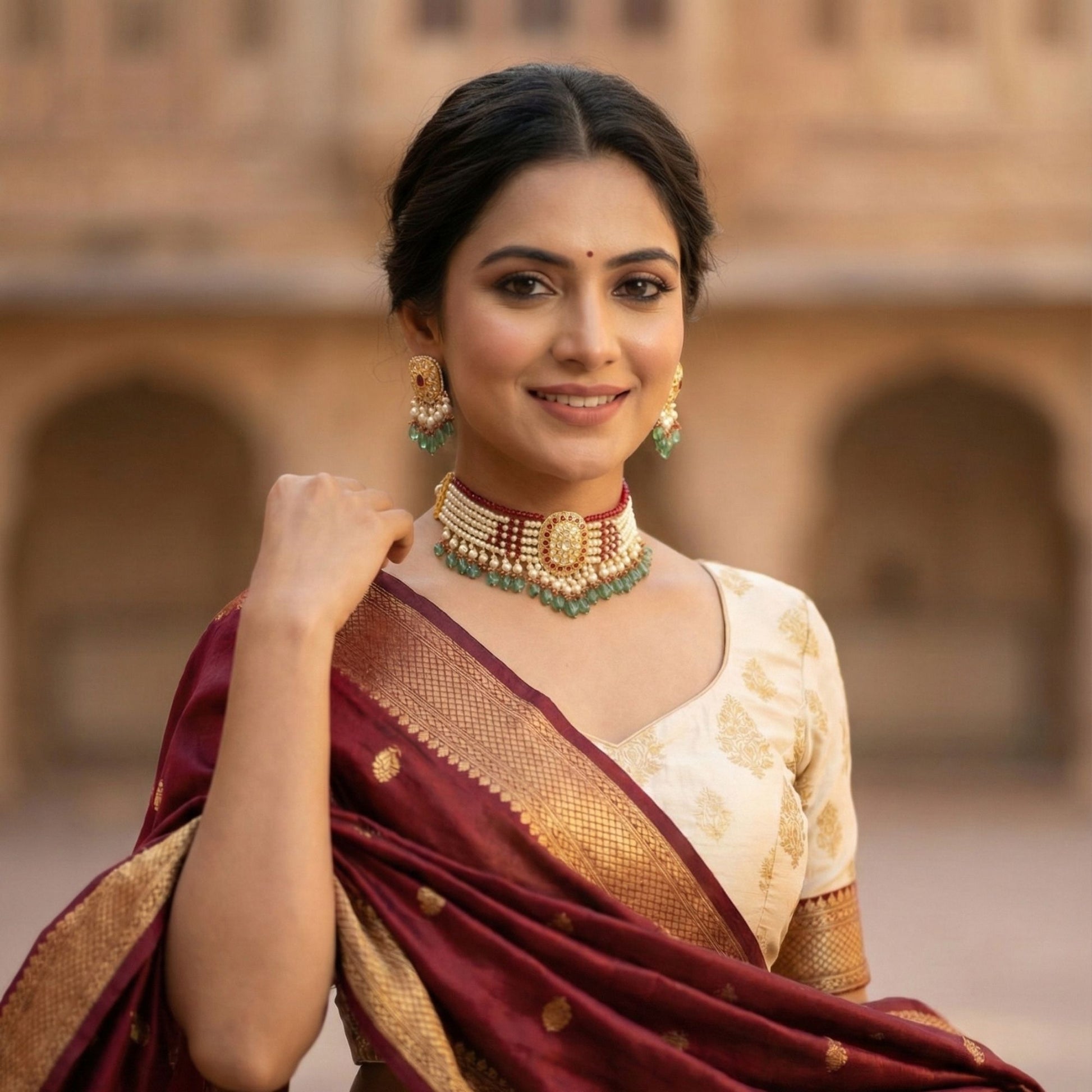 916k Hallmarked 22kt Gold Thapa Work Lightweight Choker Set with Pearl Ruby Semi Precious Stones and Certified Syndicate Polki | Gifting Jewellery