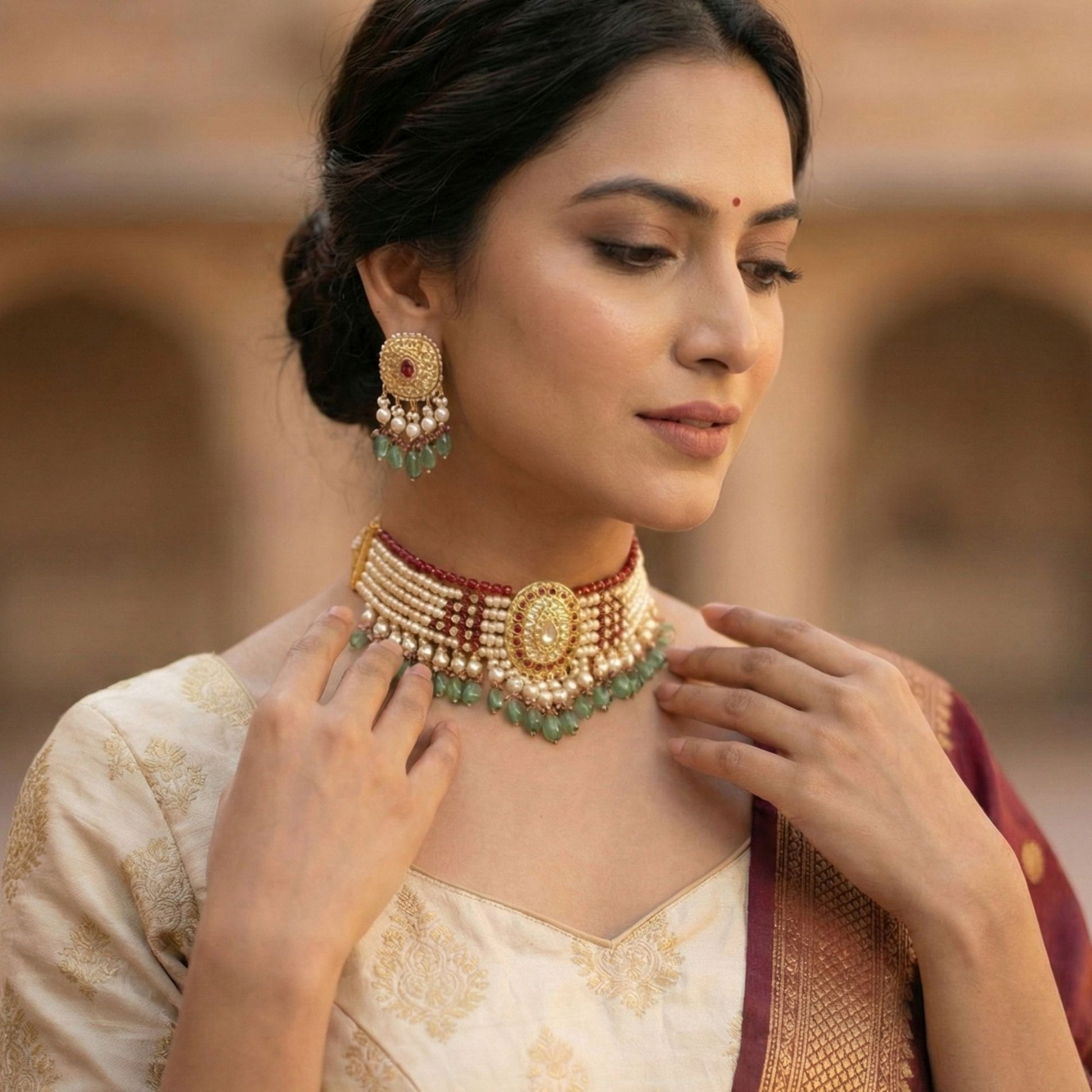 Real Polki Square Round Motif Pearl Ruby Choker Set in 22kt Gold with Green Bead Drops and Matching Earrings for Celebrations and City Festivals