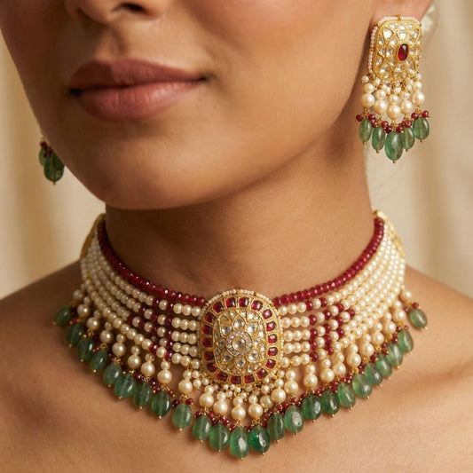 Jharoka Blocky Garnet Sage Necklace Set