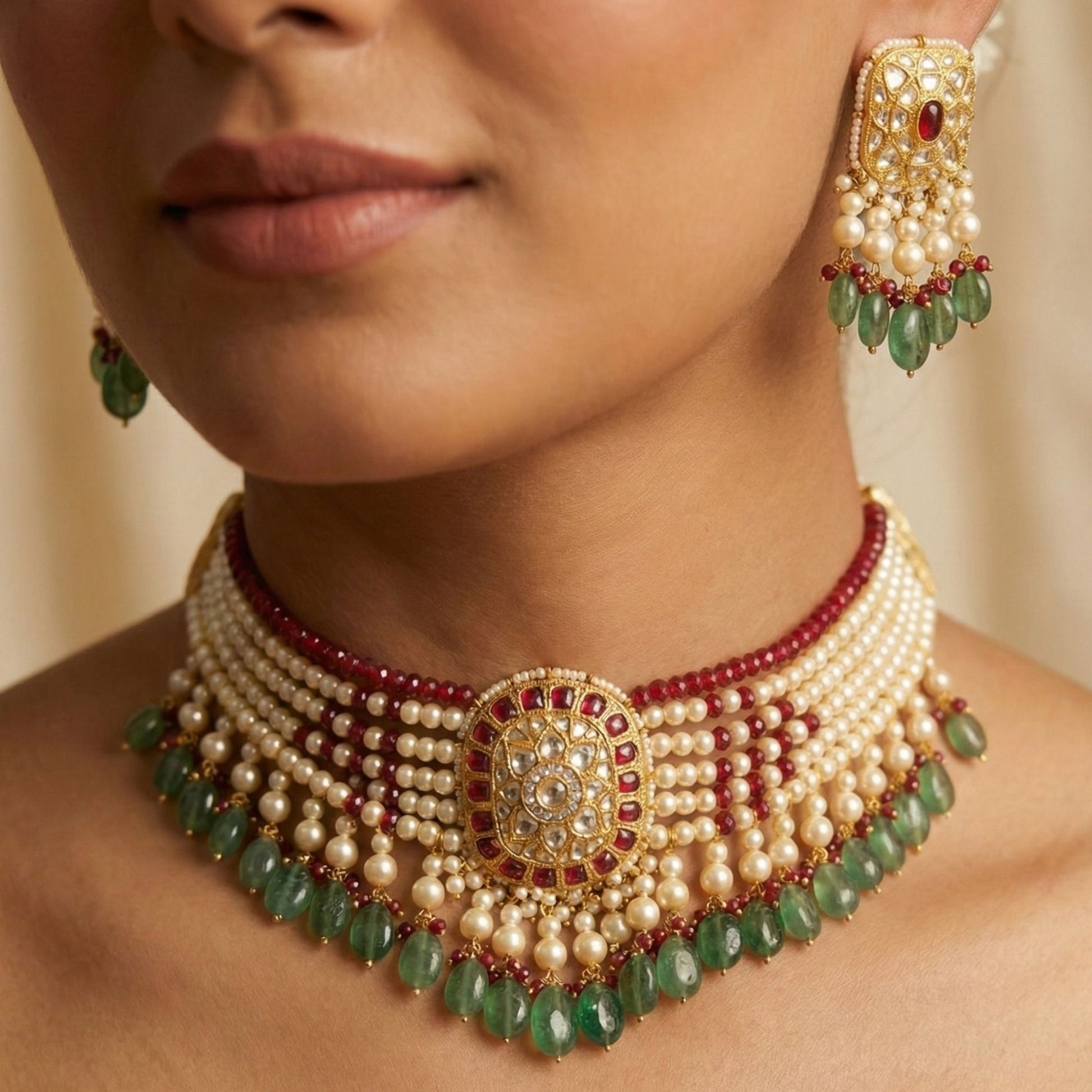 22kt 916k Hallmarked Gold Pearl Ruby Lightweight Choker Set with Certified Syndicate Polki Square Round Motifs and Thapa Craftsmanship | Festive Jewellery