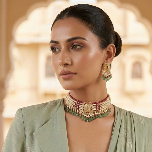Handcrafted 22kt Gold Square Round Pearl Ruby Lightweight Choker Necklace Set with Certified Syndicate Polki and Matching Earrings