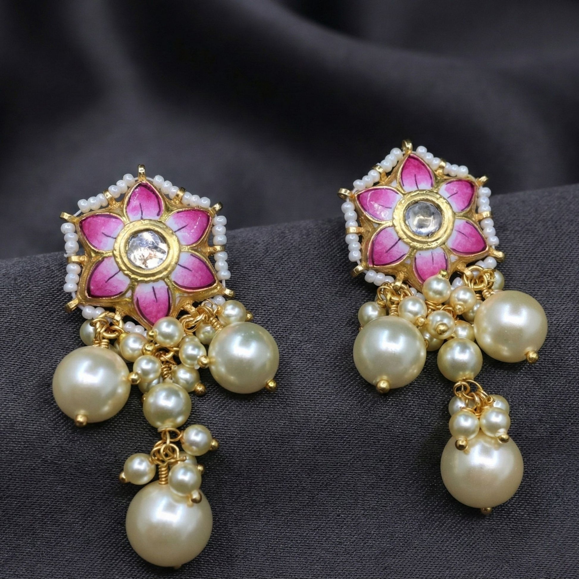 Handcrafted 22kt Gold Flower Pink Polki Stud Earrings with Blush Pink Stones and Pearl Nestings for Self Gifting Rozana Elegance and Milestone Moments