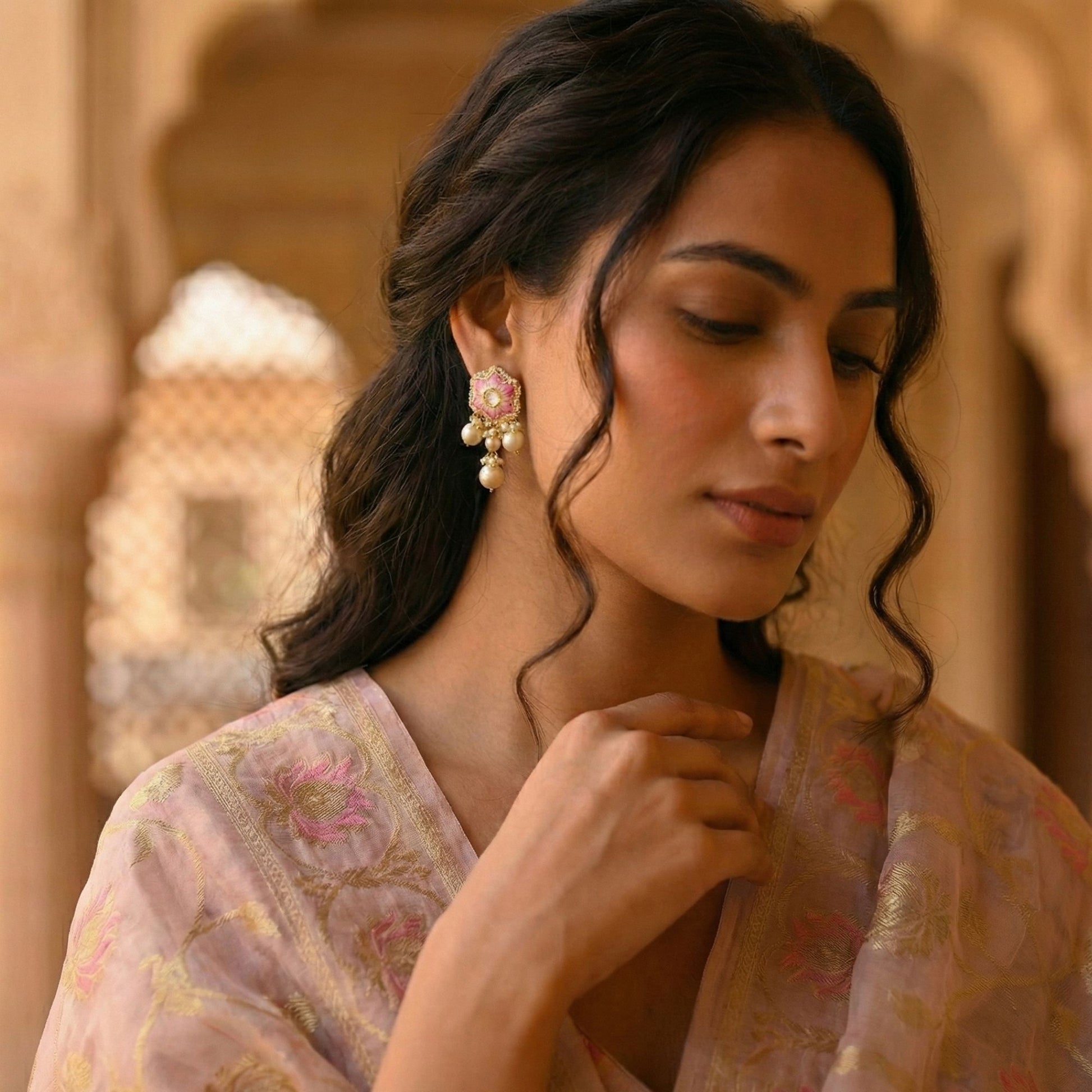 Real Polki Flower Stud Earrings in 22kt Gold with Blush Pink Semi Precious Stones and Pearl Drops for Office Pooja and Gifting