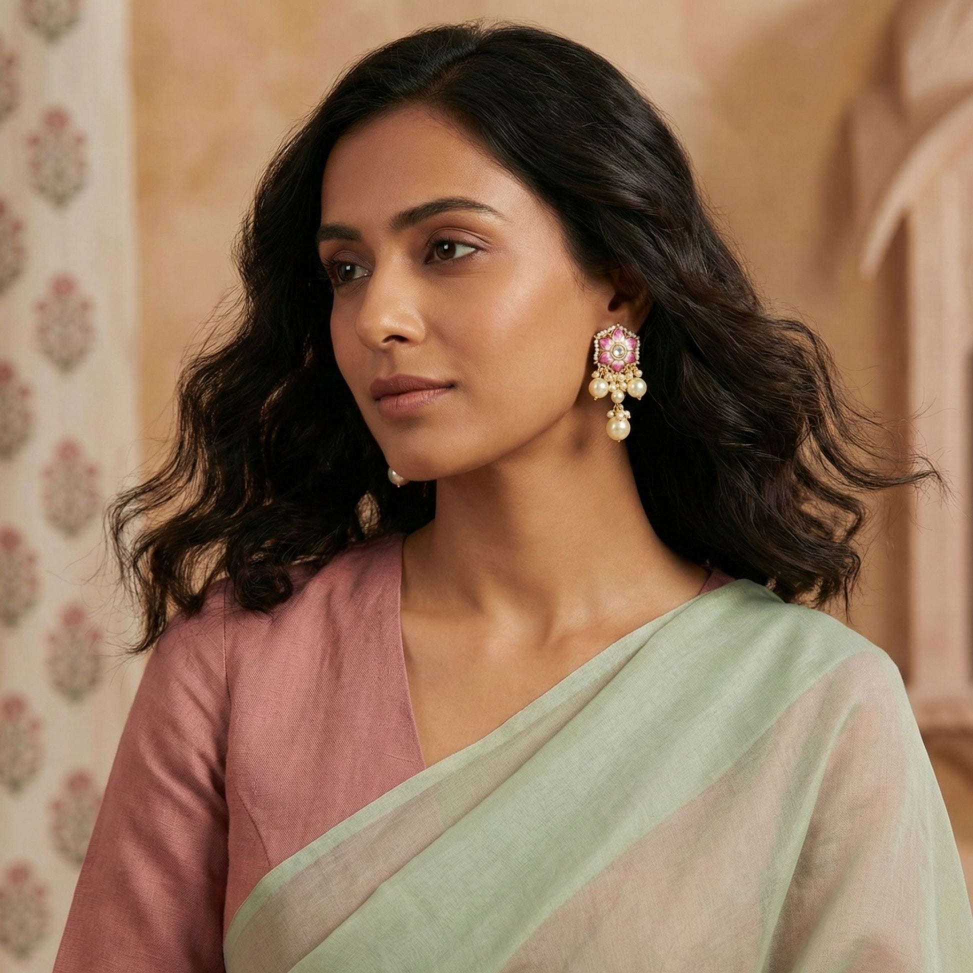 Handcrafted 22kt Gold Flower Pink Pearl Stud Earrings with Certified Syndicate Polki Blush Pink Semi Precious Stones and Lustrous Pearls
