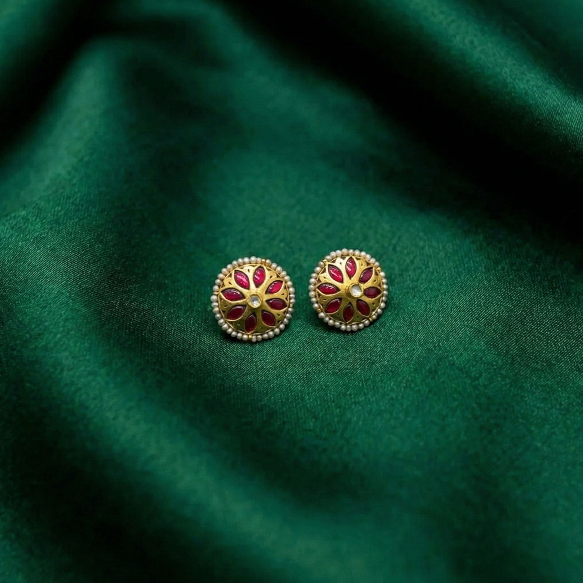 Handcrafted 22kt Gold Round Antique Ruby Stud Earrings with Vivid Red Stone in Traditional Setting for Heritage Silk Occasion Wear and Festive Dressing