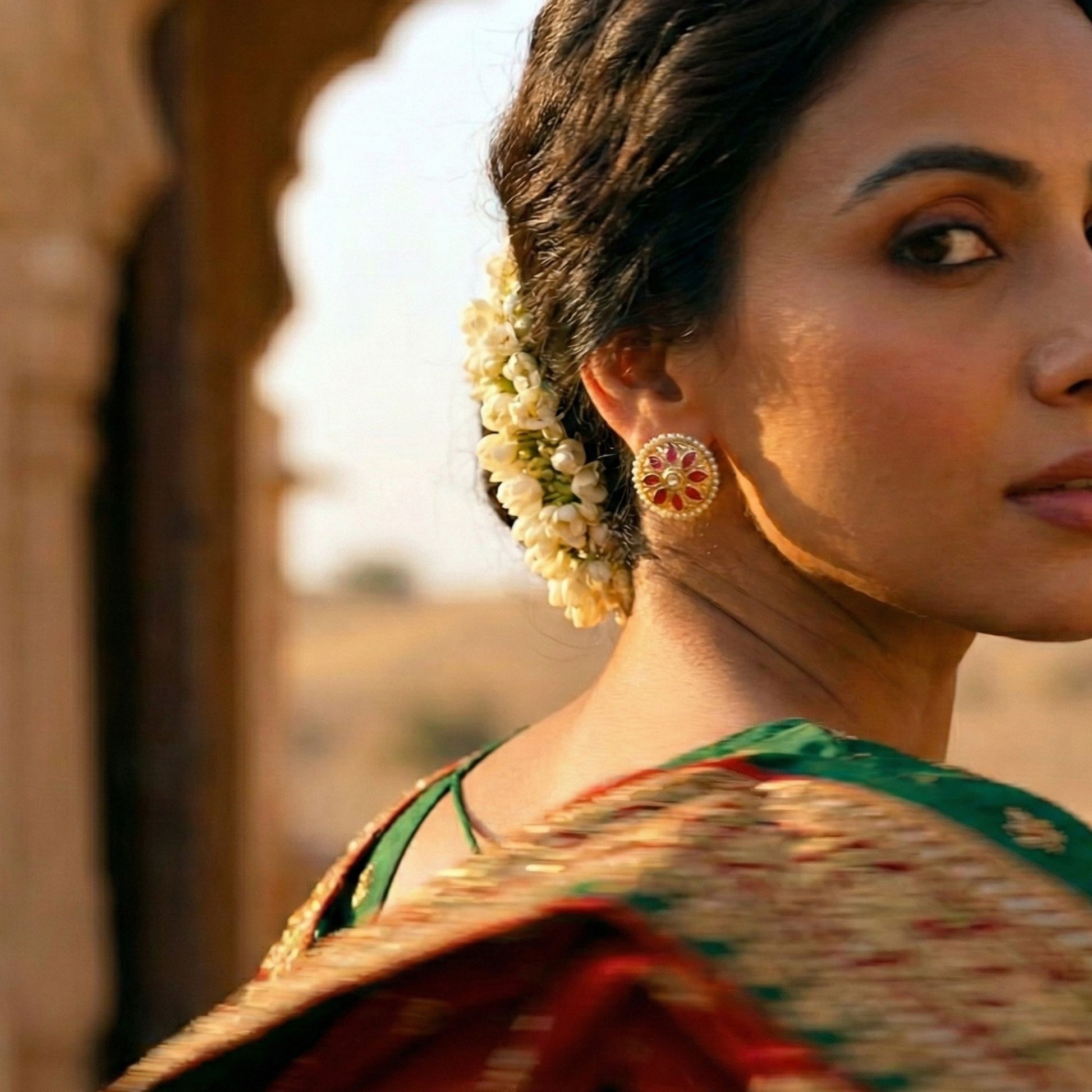 Real 22kt Gold Antique Ruby Round Stud Earrings with Deep Red Stone and Aged Gold Finish for Festivals Family Functions and Heirloom Gifting