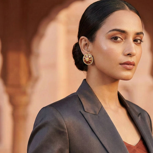 Handcrafted 22kt Gold Antique Round Ruby Stud Earrings with Deep Red Semi Precious Stone and Thapa Craftsmanship | Heritage Jewellery