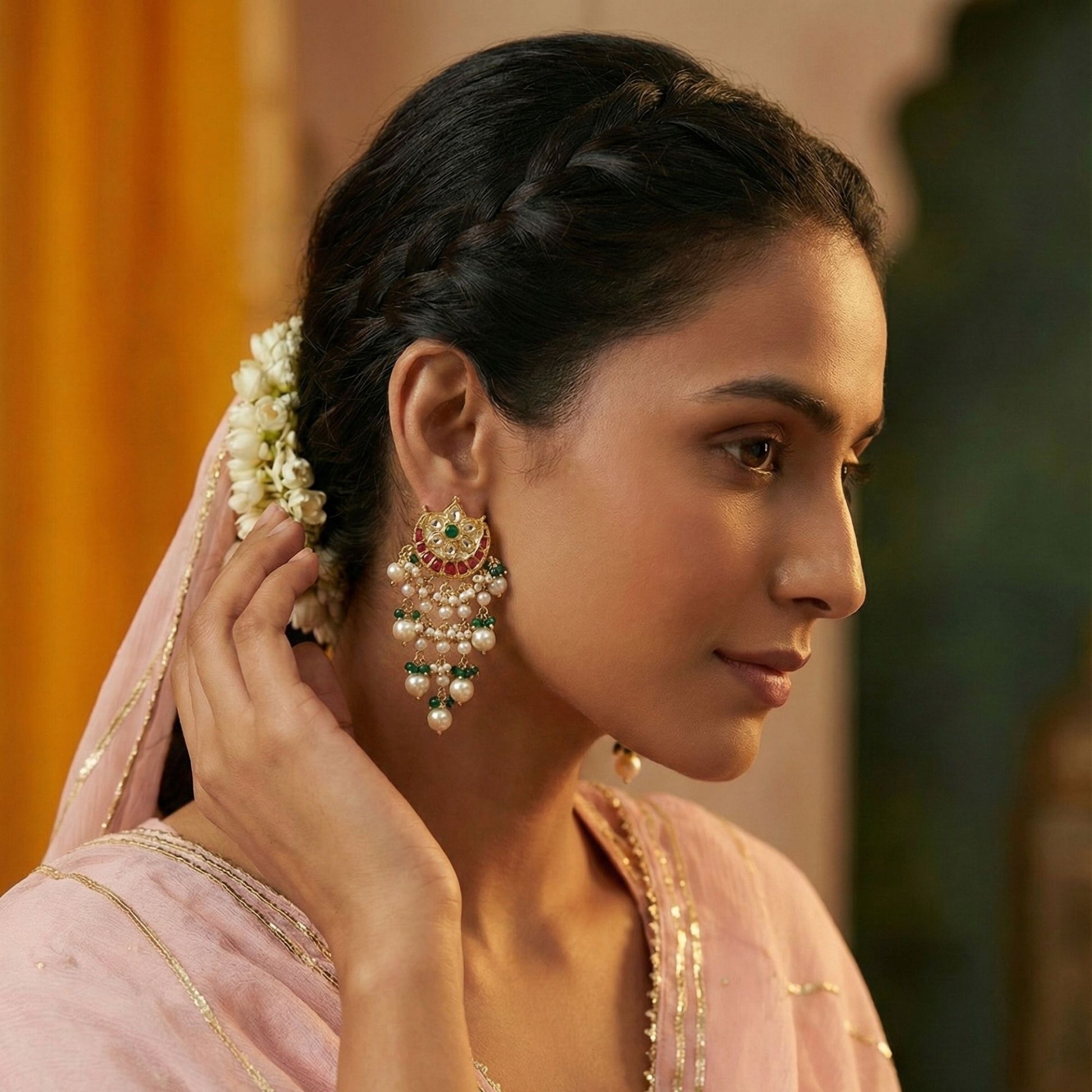 Real Polki Square Crescent Red Green Statement Chandbali Earrings in 22kt Gold with Polki for Weddings and Grand Gatherings