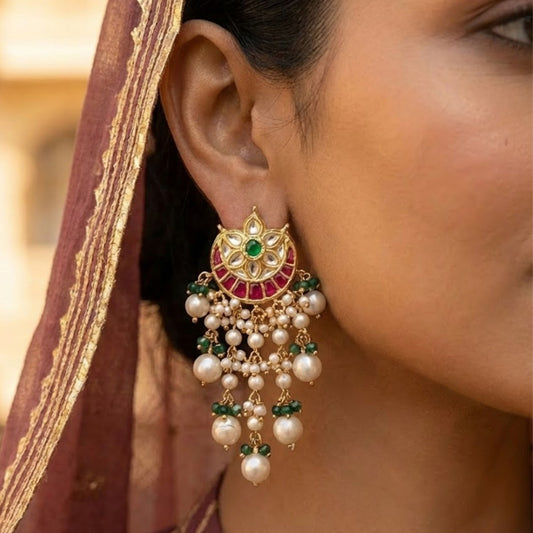 22kt 916 Hallmarked Gold Statement Square Red Green Chandbali with Polki and Intricate Thapa Craftsmanship | Bridal Festive Earrings