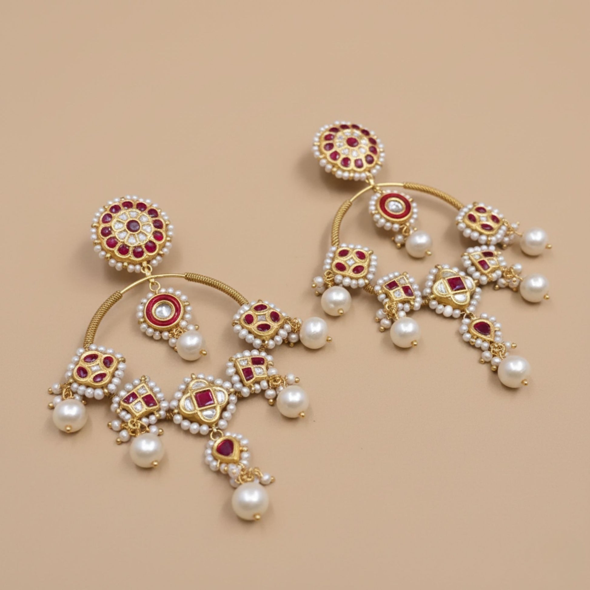 916k Hallmarked 22kt Gold Thapa Work Red Polki Chandbali Earrings with Certified Syndicate Polki | Statement Bridal Earrings