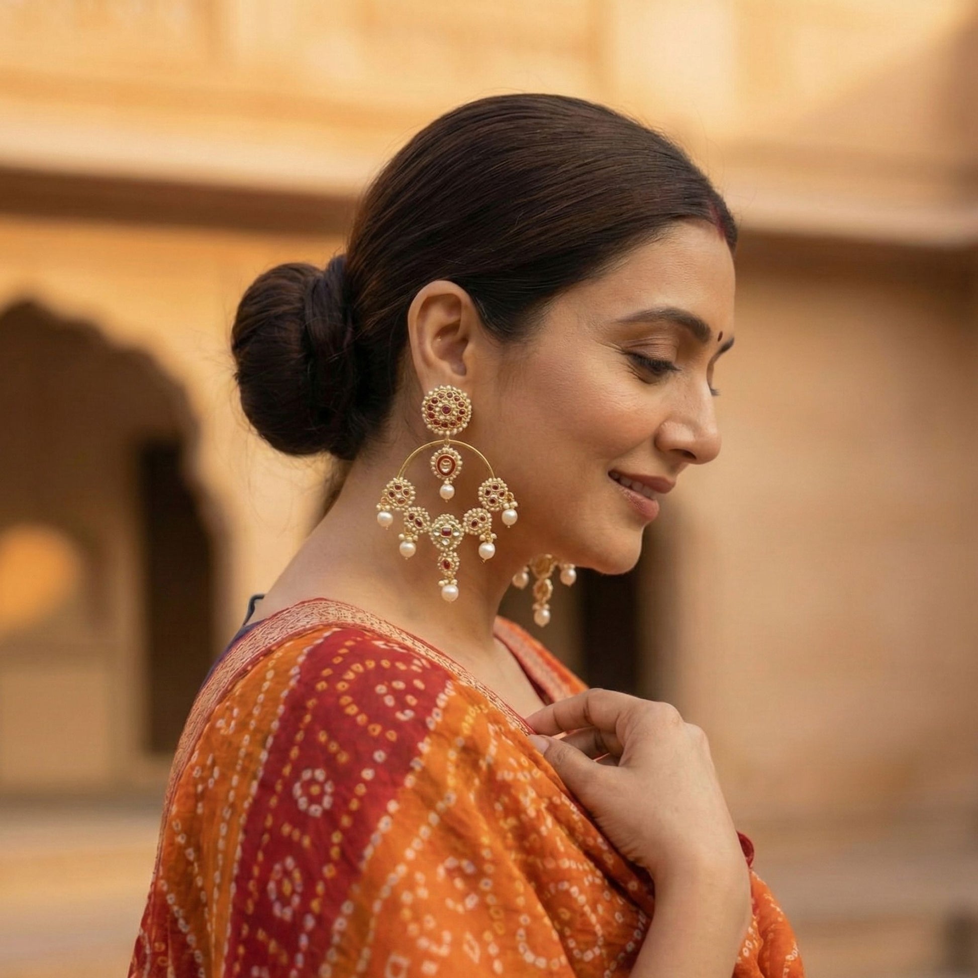 Real Polki Round Red Statement Chandbaali in 22kt Gold with Deep Red Semi Precious Stones and Pearl Drops for Wedding and Festive Wear