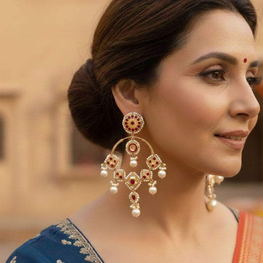 22kt 916 Hallmarked Gold Red Stone Chandbaali Earrings with Thapa Craftsmanship and 5 Carat Syndicate Polki | Bridal Jewellery