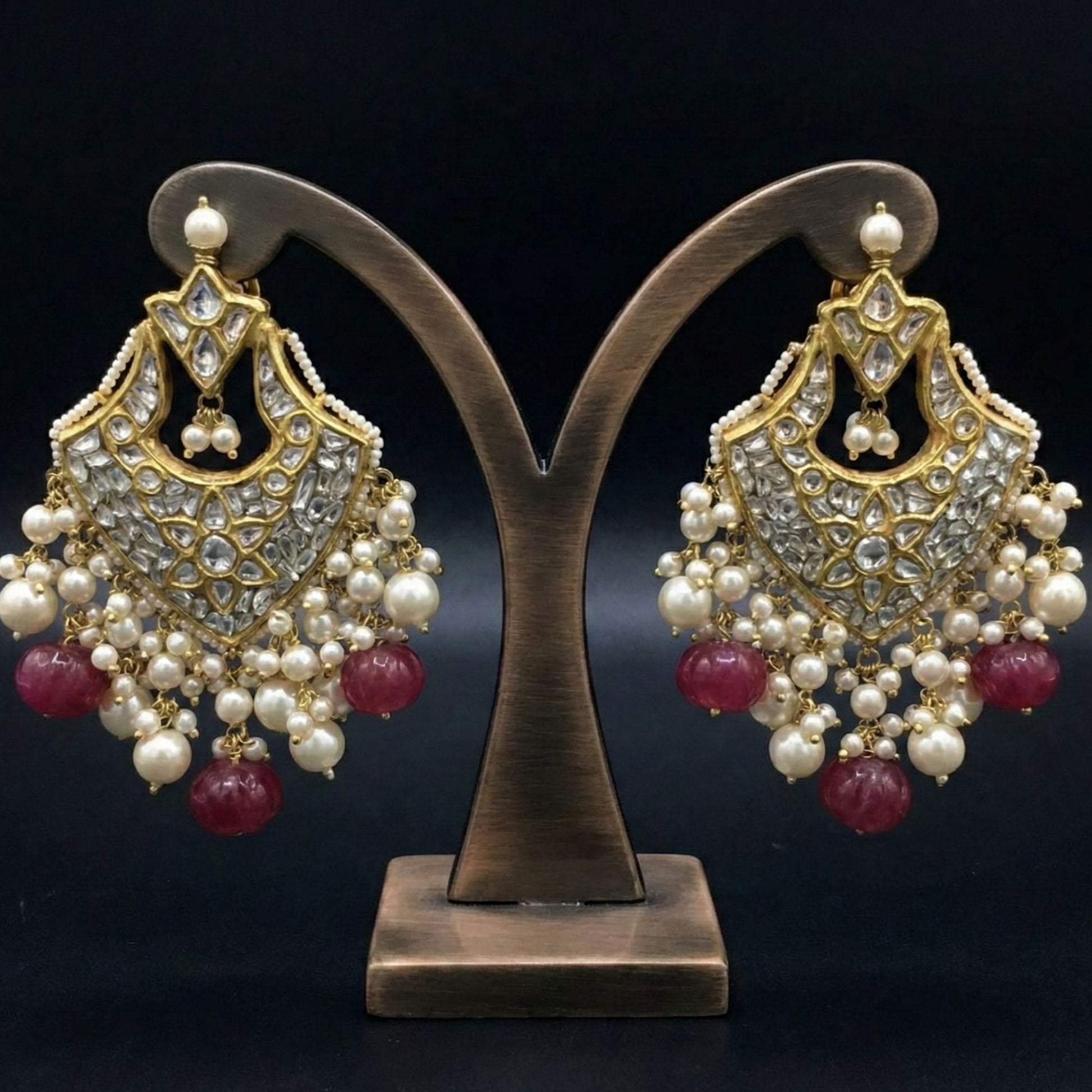 Handcrafted 22kt Gold Maroon Semi Precious Stone Pearl Chandbali Earrings with Polki for Grand Gatherings Festive Evenings and Occasions