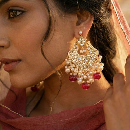 22kt 916 Hallmarked Gold Maroon Pearl Chandbali Earrings with Syndicate Polki and Intricate Thapa Craftsmanship | Festive Bridal Earrings