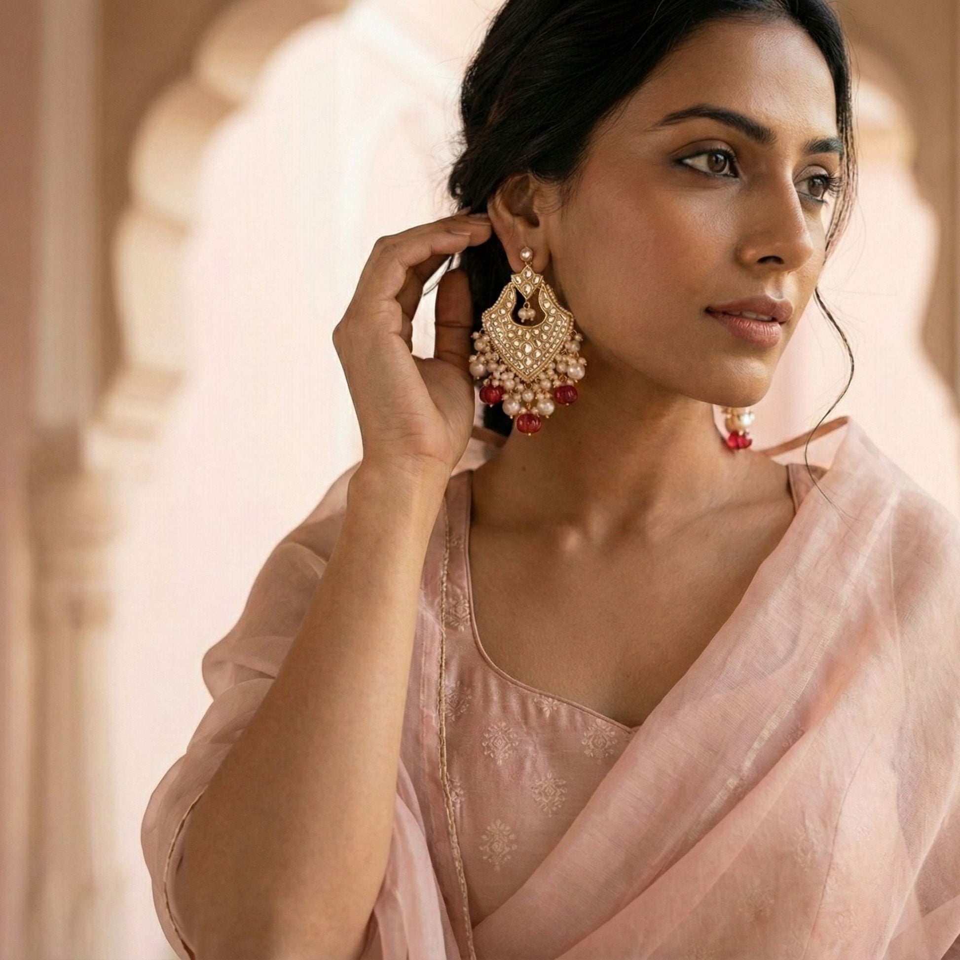 Handcrafted 22kt Gold Wizard Maroon Pearl Chandbali Earrings with Syndicate Polki Deep Maroon Semi Precious Stones and Pearl Drops