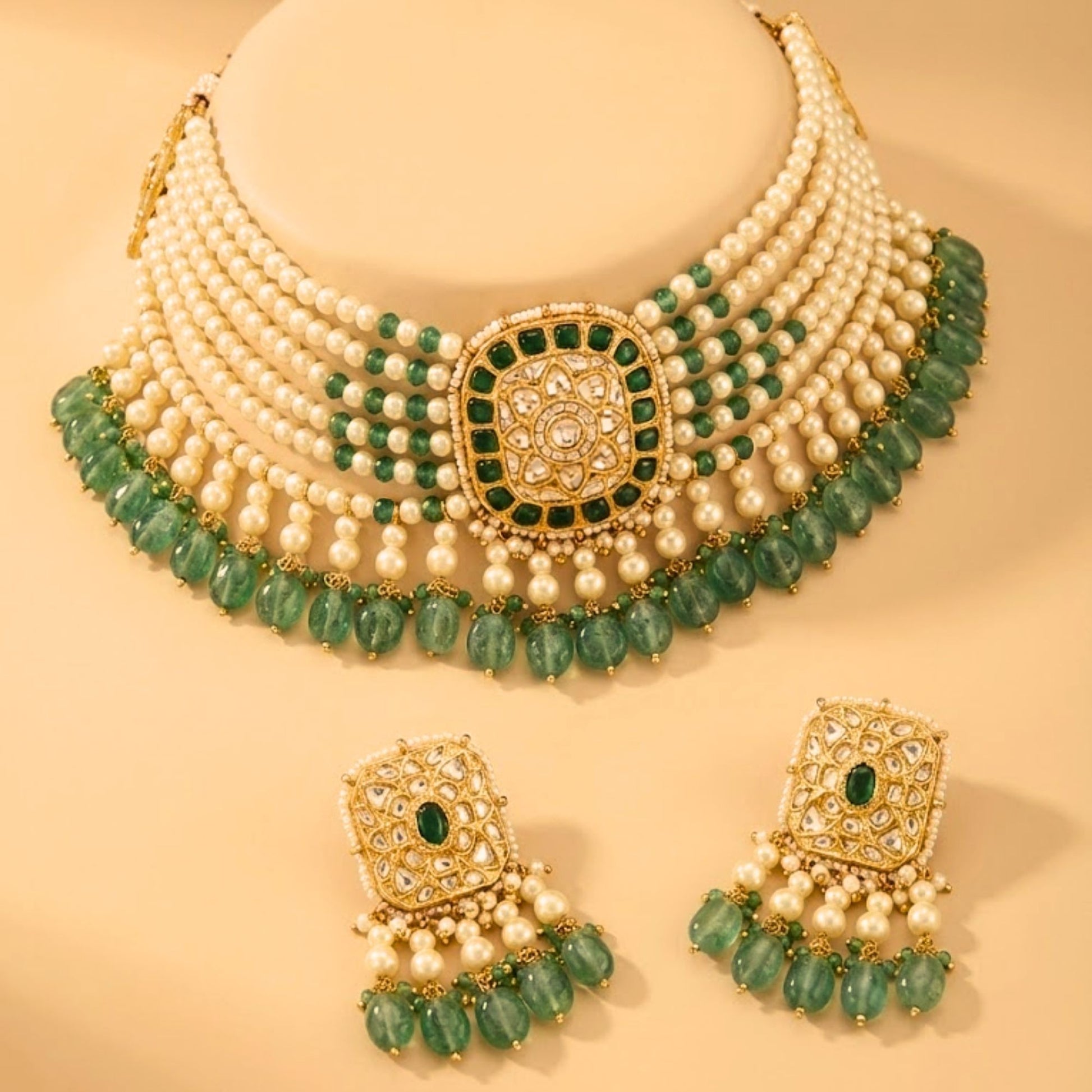 916k Hallmarked 22kt Gold Thapa Work Leaf Drop Blue Ruby Necklace Set with 3 Carat Certified Syndicate Polki and Matching Jhumki Earrings