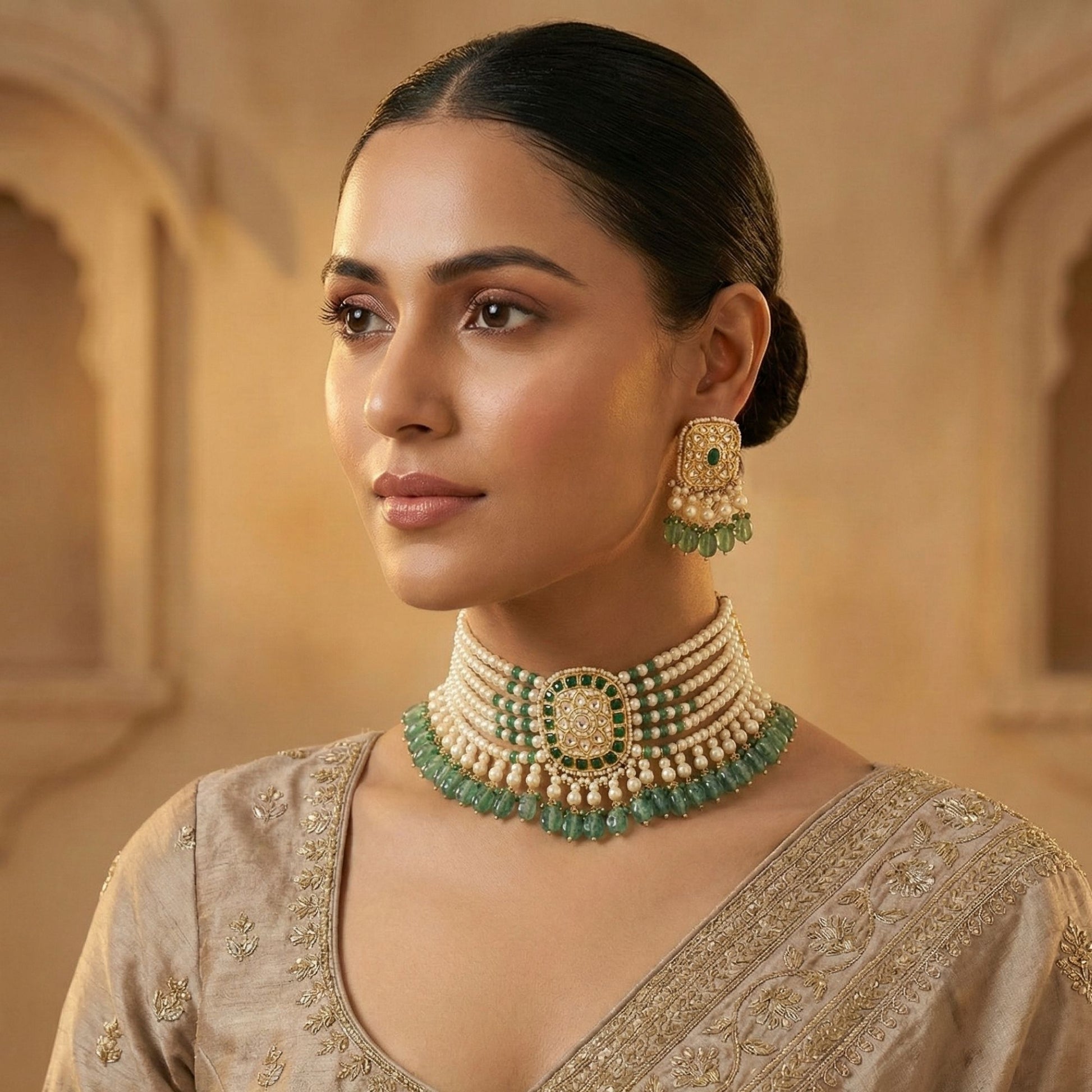 Handcrafted 22kt Gold Leaf Motif Blue Ruby Polki Choker Necklace Set with 3 Carat Syndicate Polki for City Festivals Celebrations and Gifting
