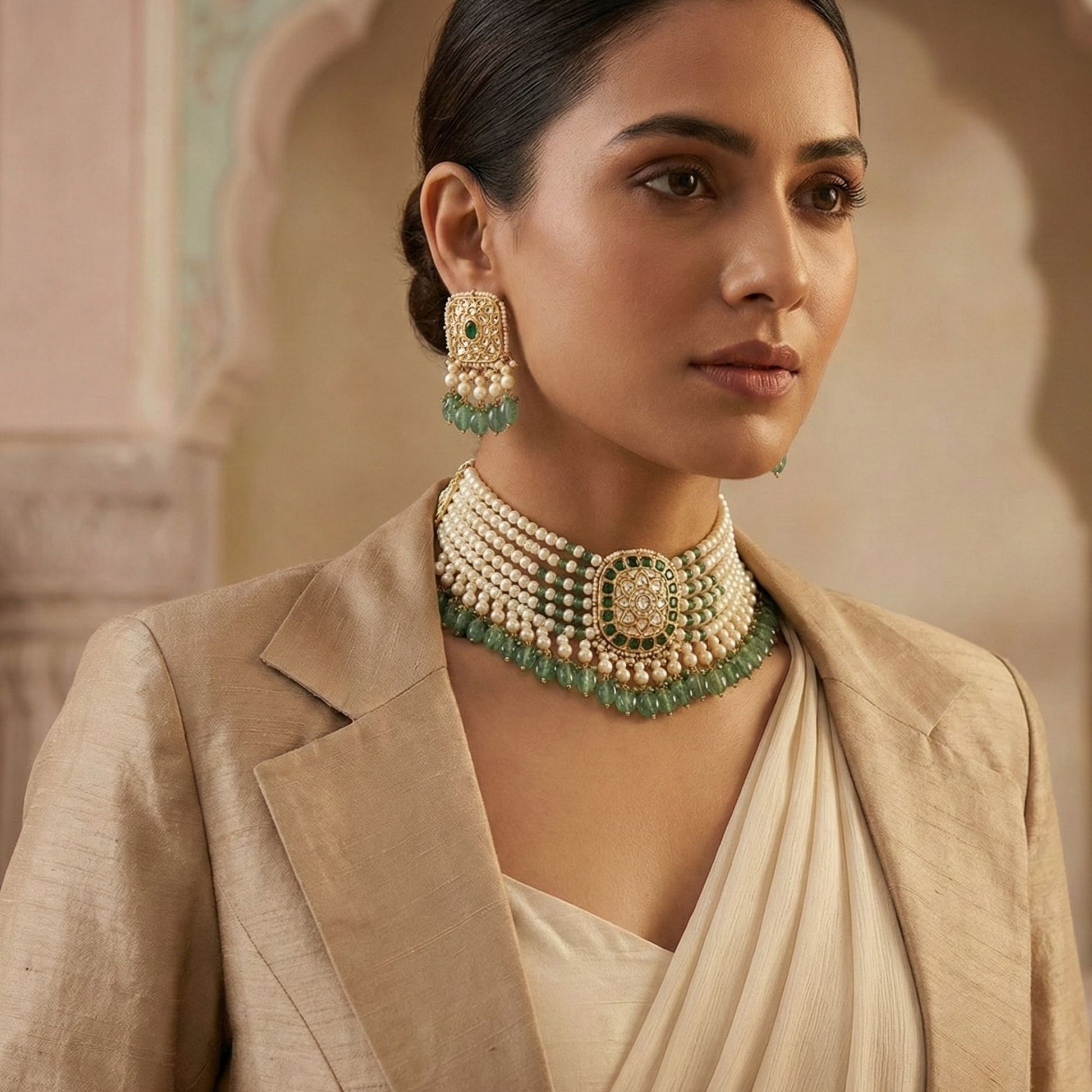 22kt 916k Hallmarked Gold Leaf Drop Polki Necklace Set with 3 Carat Syndicate Polki Blue Stone Ruby and Thapa Craftsmanship | Festive Jewellery Set