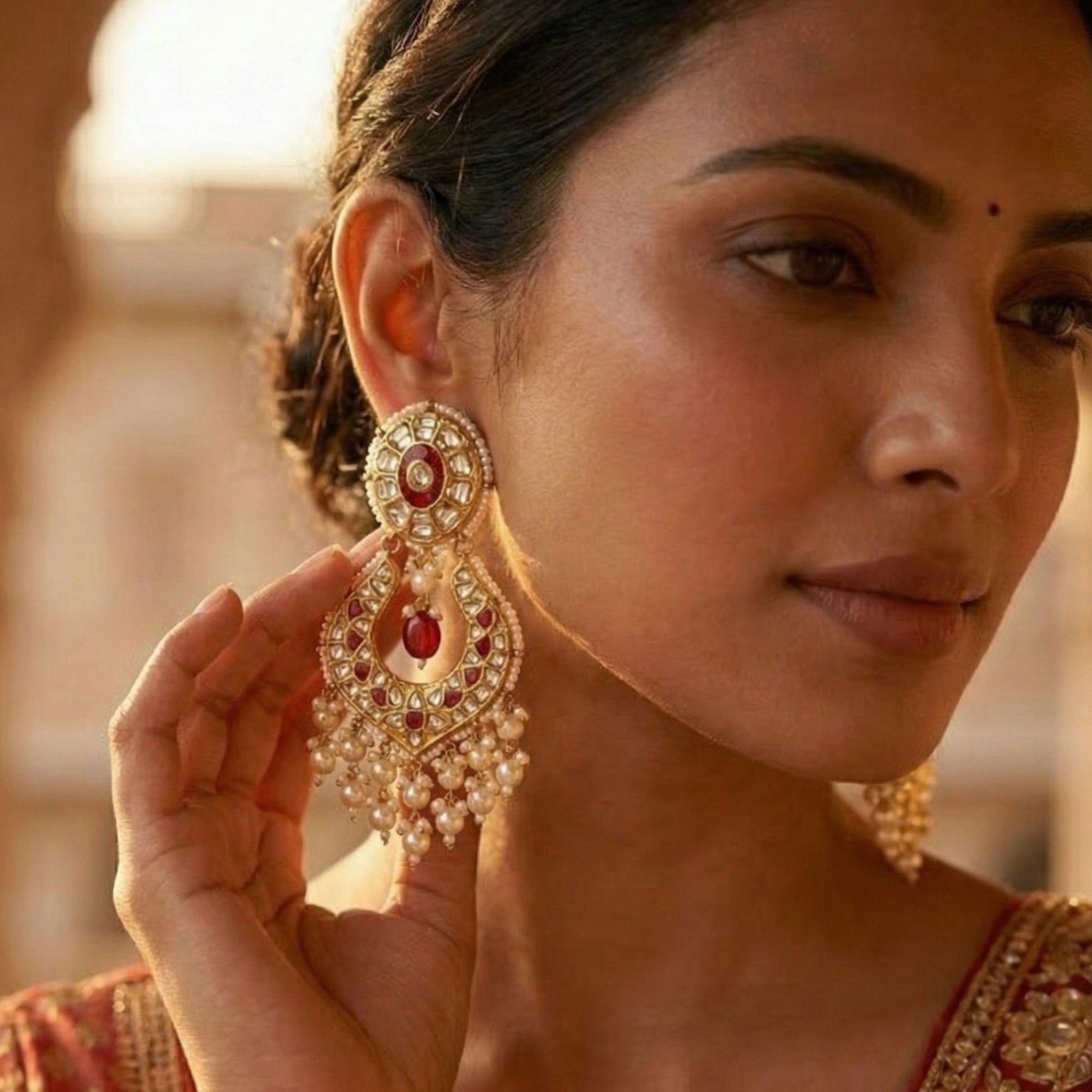 22kt 916 Hallmarked Gold Oval Ruby Chandbaali Earrings with Certified Syndicate Polki and Pearl Hangings for Wome