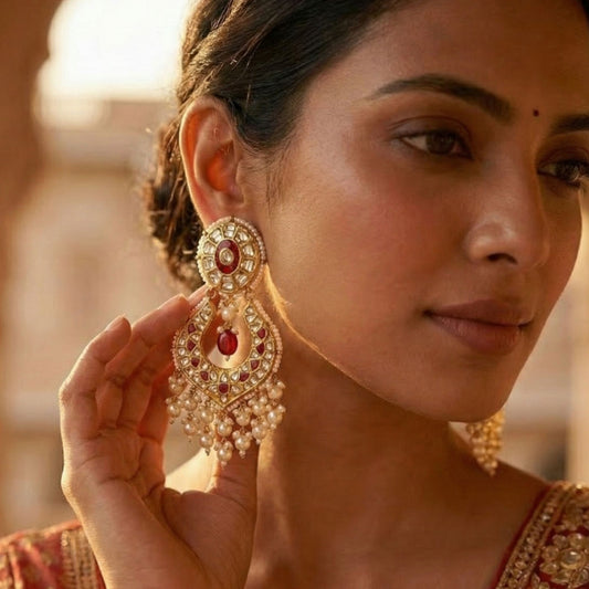 22kt 916 Hallmarked Gold Oval Ruby Chandbaali Earrings with Certified Syndicate Polki and Pearl Hangings for Wome