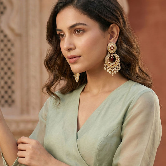Handcrafted 22kt Gold Oval Ruby Polki Chandbaali Earrings with 5 Carat Certified Syndicate Polki and Pearl Drops