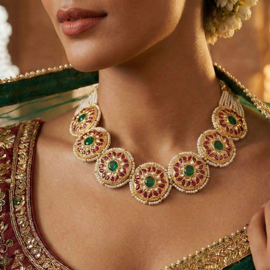 22kt 916k Hallmarked Gold Kundan Polki Round Motif Necklace Set with 10 Carat Syndicate Polki and Fine Kundan Inlay | Rajasthani Bridal Jewellery