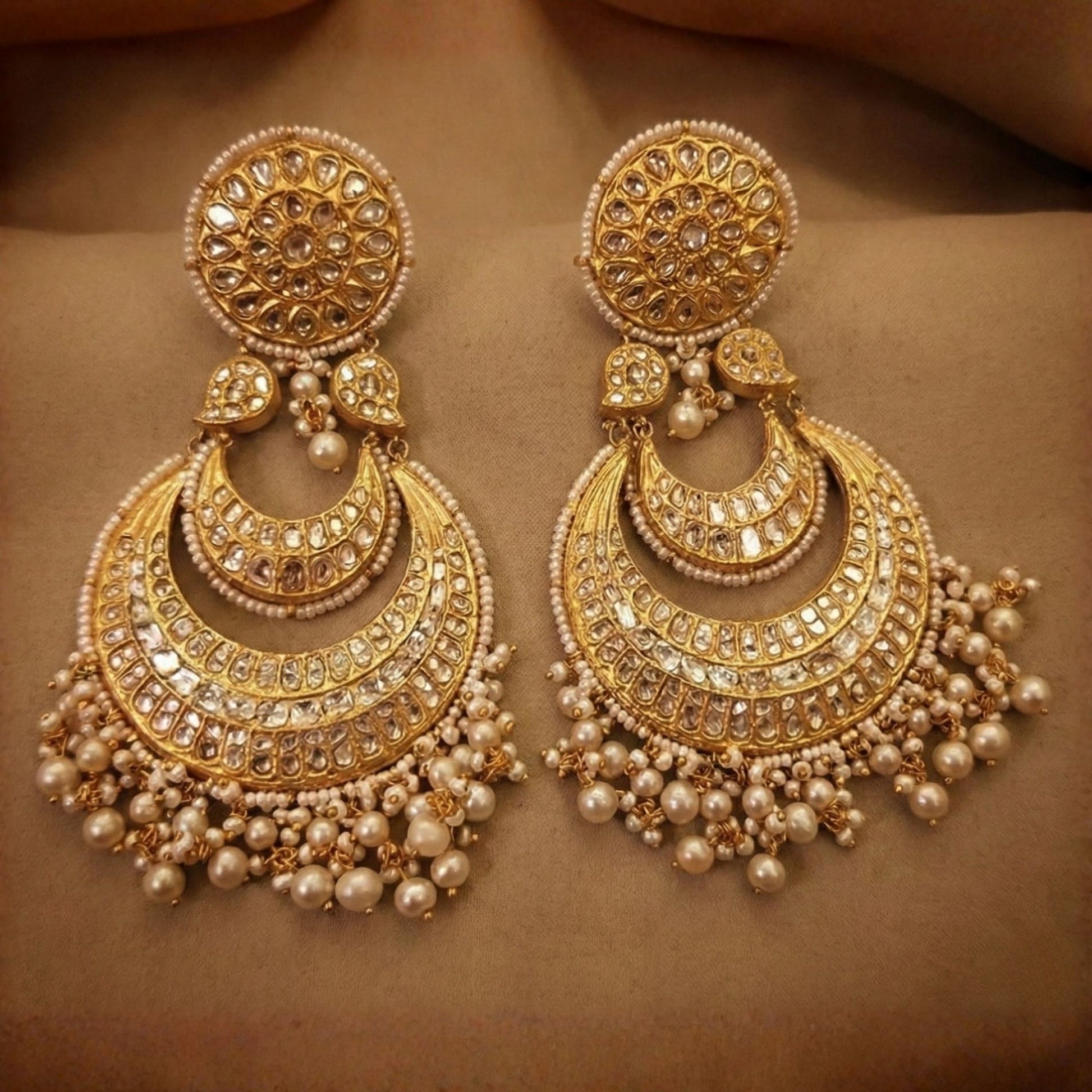 Handcrafted 22kt Gold Layered Double Crescent Chandbaali Earrings with 8 Carat Certified Polki and Pearl Nestings for Grand Receptions and Weddings