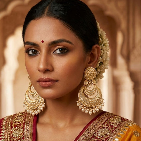 22kt 916k Hallmarked Gold Double Chandbaali Earrings with 8 Carat Syndicate Polki Lustrous Pearls and Thapa Craftsmanship | Bridal Jewellery