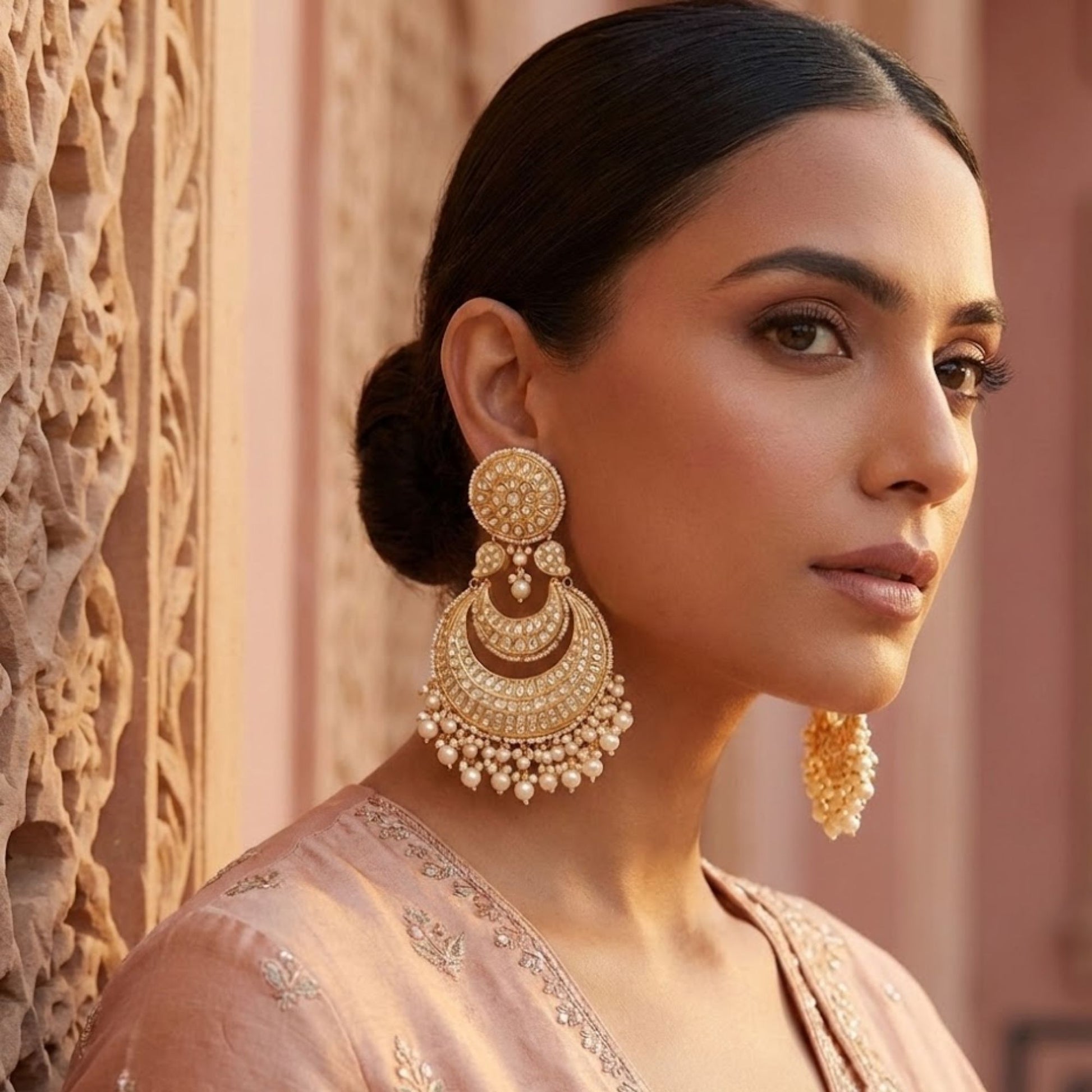 Handcrafted 22kt Gold Round Pearl Double Chandbaali Earrings with 8 Carat Certified Syndicate Polki and Layered Double Crescent Silhouette