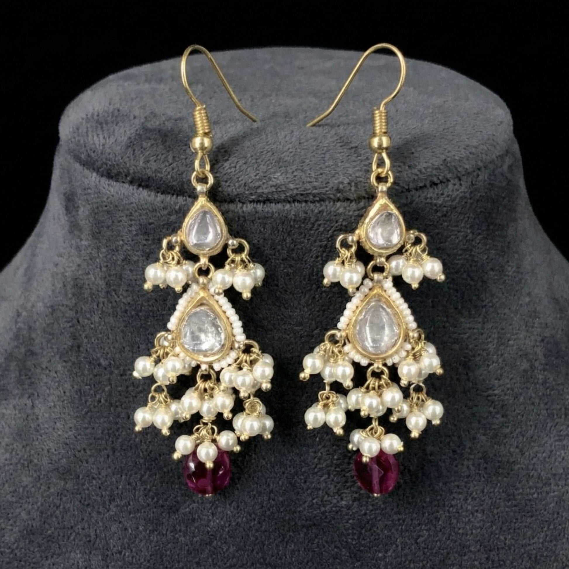 Handcrafted 22kt Gold Double Drop Maroon Semi Precious Stone Polki Earrings with Pearl Drops for Daily Wear Office and Thoughtful Casual Gifting