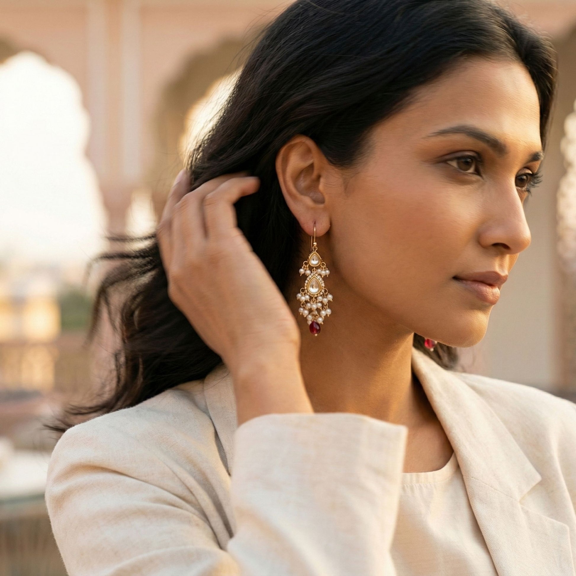 Handcrafted 22kt Gold Double Drop Maroon Casual Earrings with Certified Syndicate Polki Maroon Semi Precious Stones and Pearl Drops
