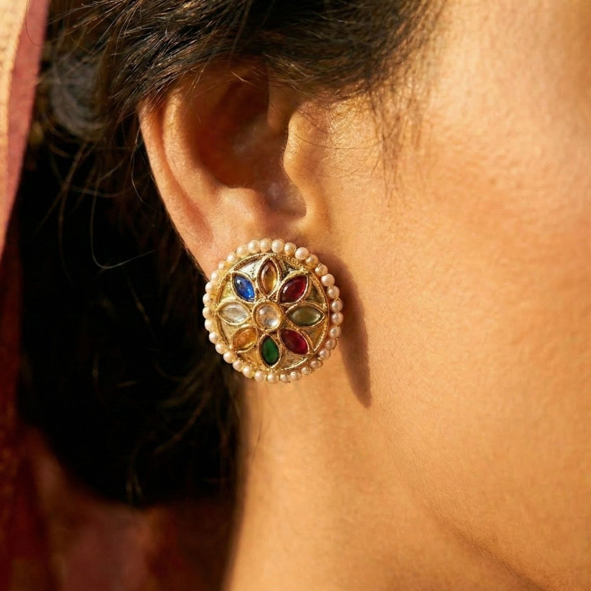 22kt 916k Hallmarked Gold Antique Navaratna Studs with Nine Gemstones in Traditional Placement and Fine Thapa Craftsmanship | Heirloom Jewellery