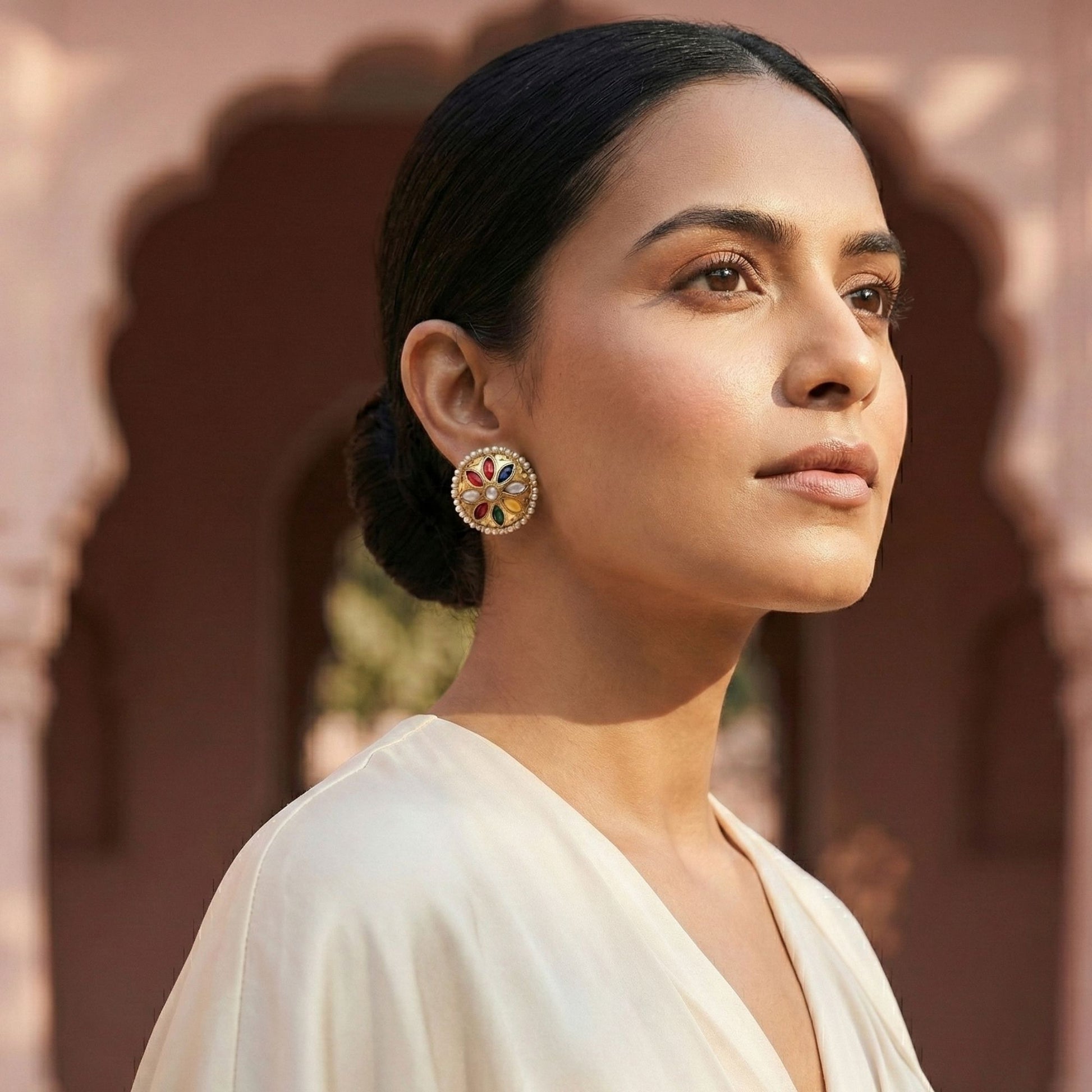 Handcrafted 22kt Gold Antique Round Navaratna Stud Earrings with Nine Sacred Gemstones and Thapa Craftsmanship | Rajasthani Heritage Jewellery