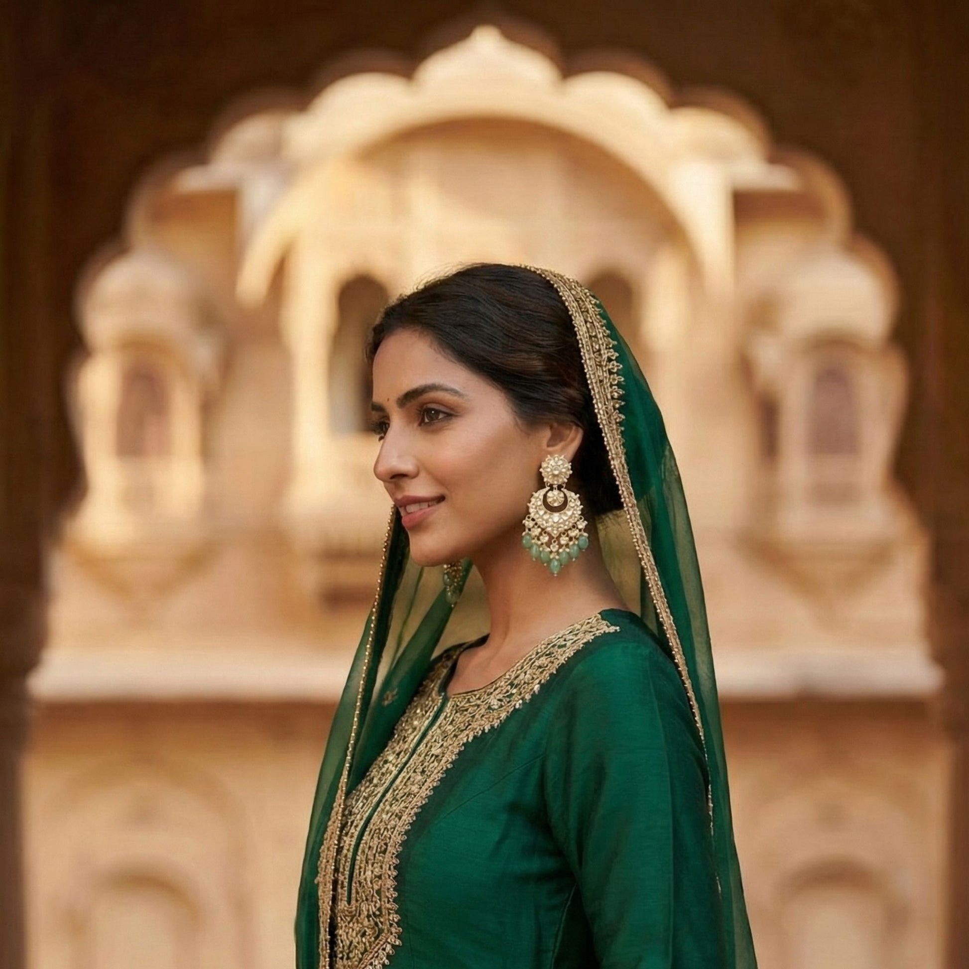 916 Hallmarked 22kt Gold Kundan Chandbaali with Green Jade Leaf Drops and Pearl Hangings for Women