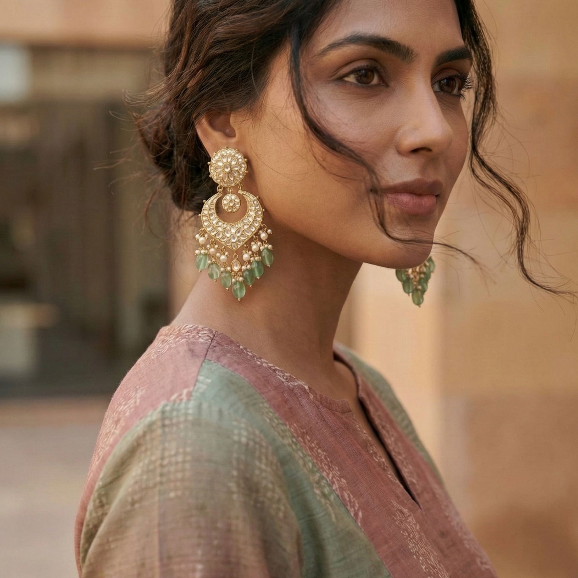 Handcrafted 22kt Gold Kundan Polki Chandbaali Earrings with Green Jade Leaf Drops and Pearl Hangings