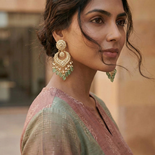 Handcrafted 22kt Gold Kundan Polki Chandbaali Earrings with Green Jade Leaf Drops and Pearl Hangings