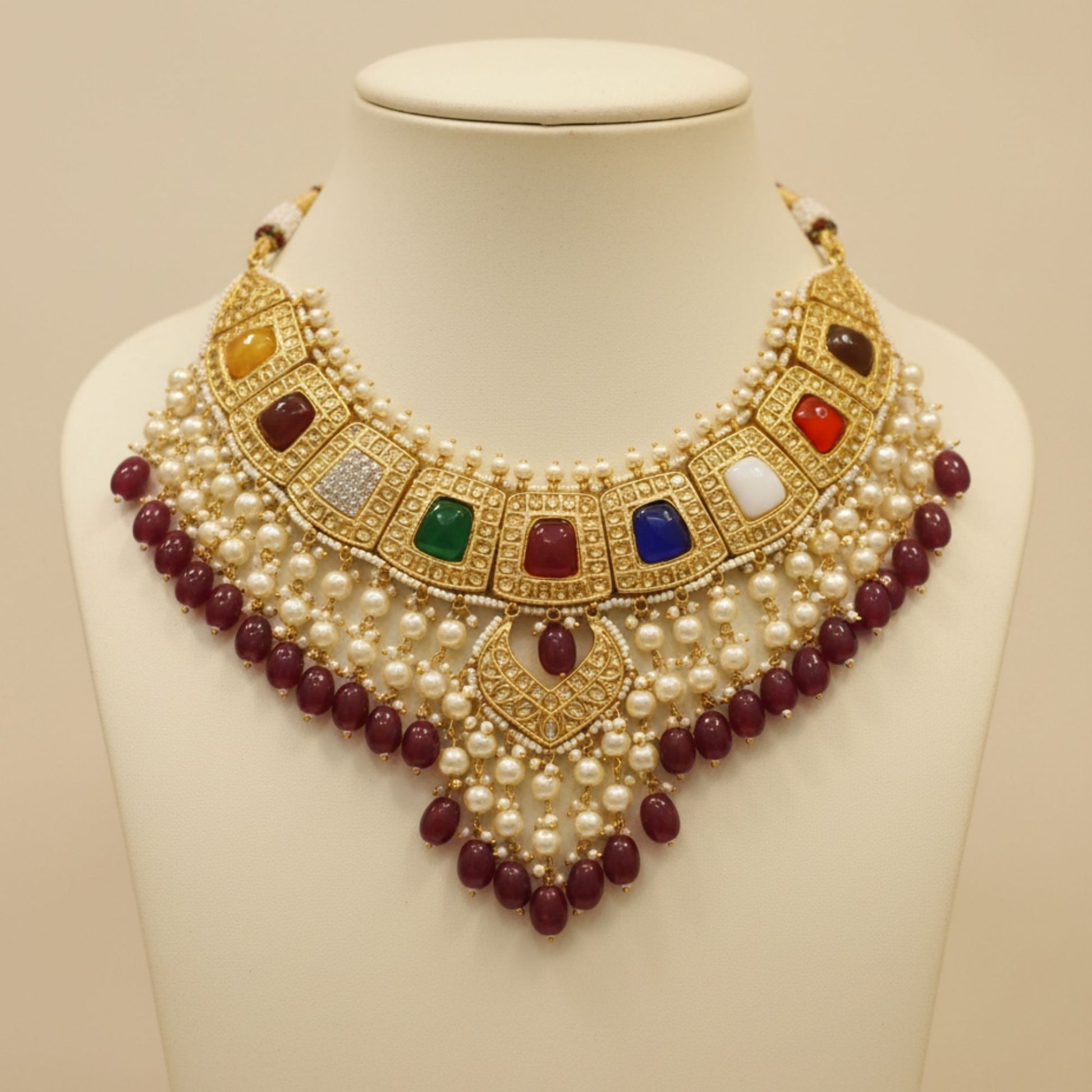 Handcrafted 22kt Gold Square Navaratna Choker Necklace with Nine Gemstones and Pearl Hangings for Brides