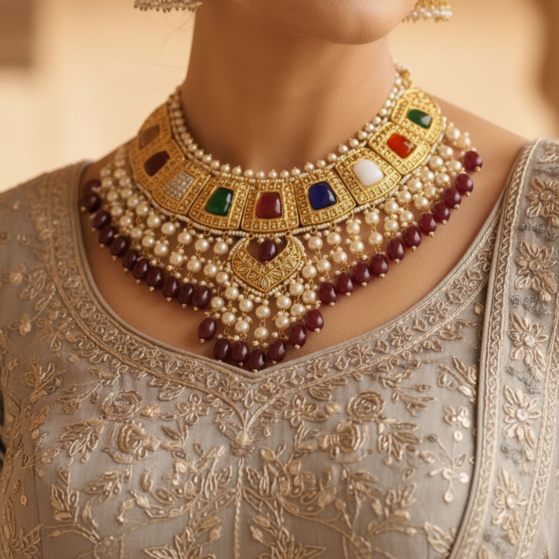 22kt 916k Hallmarked Gold Navaratna Choker Necklace Set with Nine Gemstones and Pearl Hangings | Bridal Jewellery